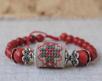Coral Bead Bracelet: Embroidered Cross Stitch Boho Chic Jewelry
