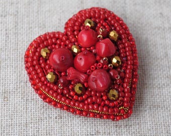 Coral and beaded heart brooch Embroidered pin with red stones Ukraine bead jewelry handmade