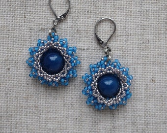 Blue agate earrings Flower dangle earrings Toho beads earrings Color stone earrings Seed bead jewelry Beaded earrings Floral boho earrings