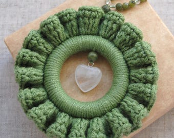 Crochet Wreath Car Charm: Crystal Heart & Jade, Boho Hanging Ornament