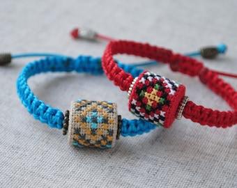 Minimalist embroidered bracelet Ukraine folk art Fabric bracelet tubing Cross stitch Everyday Macrame bracelet Solidarity Ukrainian jewelry