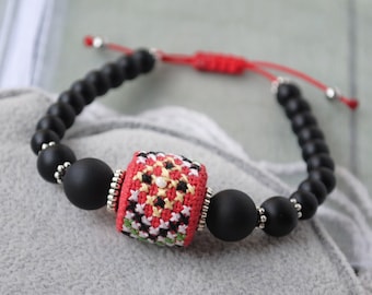Black agate bracelet with red fabric bead embroidered Ukrainian jewelry Cross stitch Ethnic bracelet Protection gift Boho stone bracelet