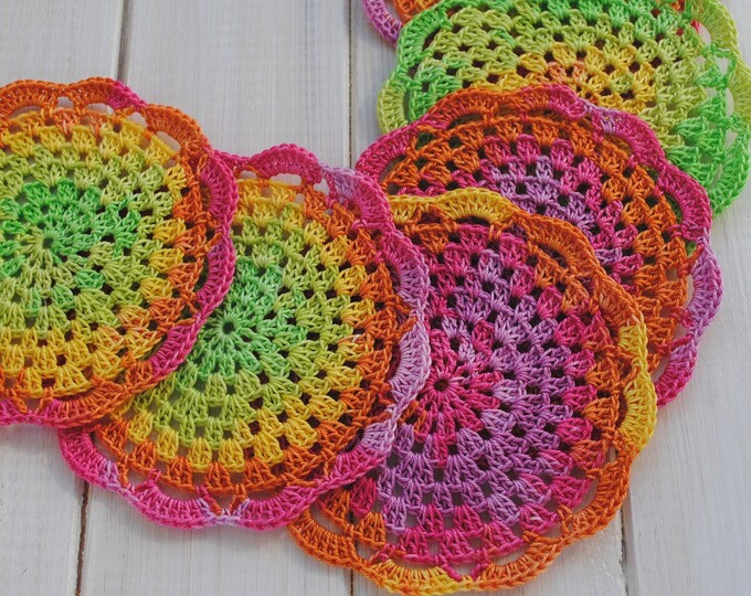 Multicolor Crochet Lace Coasters Cotton Crochet Set of 6 Cup Coasters ...