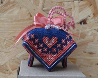 Hanging bell ornaments with Hearts Embroidered souvenir Ukrainian gift Terracotta cross stitch on Navy Fabric Handmade bells Sound ornaments