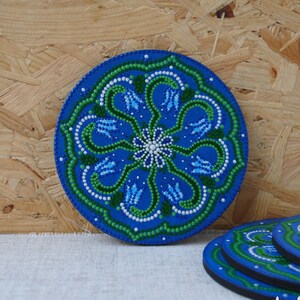 Round coasters Painted wood art Spring flower Bluebell Drink coasters New home gift Dot painting decor Unique tea coasters Mother Day gift image 1