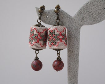 Red jasper dangle earrings Boho stone stud earrings Embroidered Fabric bead Ukrainian jewelry Folk art Hand cross stitch Tube shape earrings