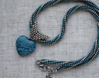 Blue agate pendant Twisted bead choker Toho bead necklace Heart stone jewelry Emotional necklace Beaded rope choker Dainty boho necklace