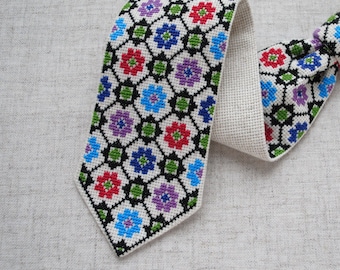 Multicolor embroidered necktie Ukrainian tie Hand cross stitch Unisex boho tie Ethnic floral tie handmade Ukraine folk art Pre-tied tie OOAK
