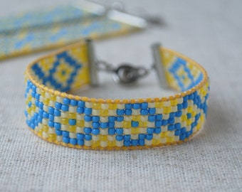 Bead loom bracelet Ukrainian jewelry Yellow Blue Toho bead bracelet Ukraine folk art Geometric solidarity bracelet Ethnic beaded bracelet