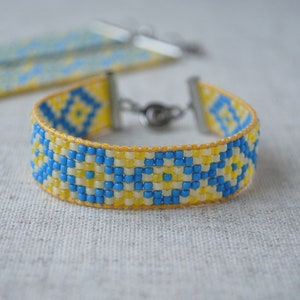 Bead loom bracelet Ukrainian jewelry Yellow Blue Toho bead bracelet Ukraine folk art Geometric solidarity bracelet Ethnic beaded bracelet