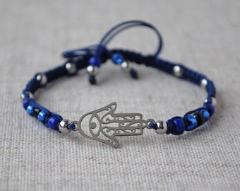 Hamsa Evil Eye Macrame Bracelet: Stainless Steel, Navy Blue Boho Jewelry