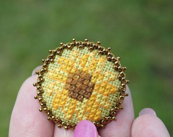 Sunflower Embroidered Brooch Pin Ukrainian gift Beaded Yellow Flower Cross stitch jewelry