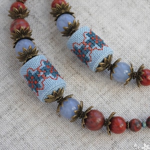 Red jasper choker necklace Ethnic embroidered bead Energy stone Ukrainian jewelry Hand cross stitch