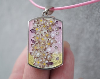 Sakura flowers silver pendant Cloisonne enamel pendant Nature art Sakura branch Hot enamel jewelry Unique rectangle pendant OOAK gift women