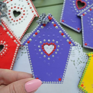 Birdhouse ornament Wood dot painted decor Christmas hanging ornament Dotted decoration Easter bauble ornaments handmade Housewarming gift