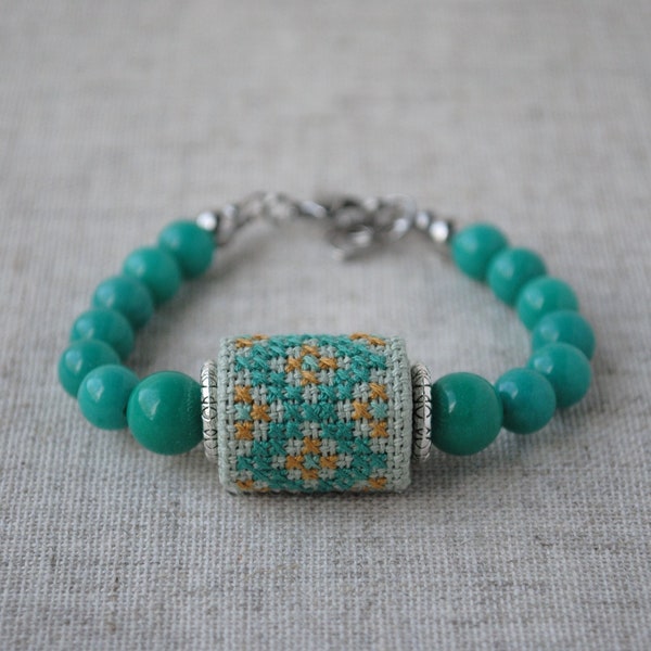 Ukrainian Embroidered bracelet Fabric bead Turquoise jade bracelet Boho stone bracelet Cross stitch jewelry Ukraine folk art Ethnic bracelet