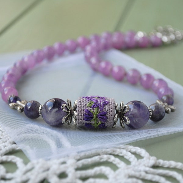 Purple beaded necklace embroidery Amethyst jewelry Lilac flower Fabric bead necklace Gifts women Glass jewelry Floral embroidered necklace