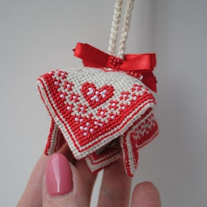 Embroidered bell with hearts Hanging fabric ornaments Hand cross stitch Ukraine folk art Christmas ornament Sound souvenir Valentines gift