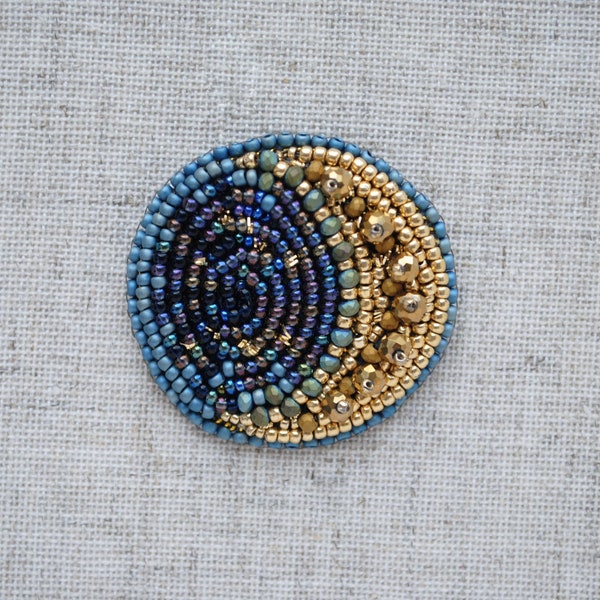 Moon brooch Gold blue bead brooch Celestial embroidered pin Embroidery jewelry Moonlight pin Tender Seed bead jewelry OOAK beaded brooch