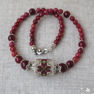 Chalcedony Necklace: Embroidered Cross Stitch Bead, Burgundy Boho Jewelry
