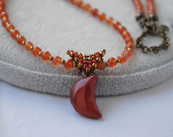 Chalcedony faceted bead necklace Jasper moon pendant Dainty beaded autumn jewelry Orange gem necklace Terracotta necklace Celestial jewelry