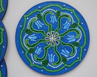 Round coasters Painted wood art Spring flower Bluebell Drink coasters New home gift Dot painting decor Unique tea coasters Mother Day gift