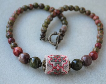 Boho Unakite Choker Necklace: Embroidered Bead, Jasper & Jade