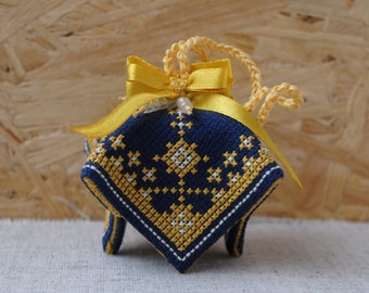 Hanging bells Sound ornaments Ukrainian gift Geometric embroidered souvenir Folk art decor Yellow Cross stitch on Navy Fabric Handmade bells