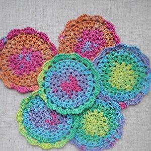 Boho Cup coasters handmade Round crochet mug rug Rainbow small doilies Chunky knit drink coaster of Multicolor melange cotton Gift hostess