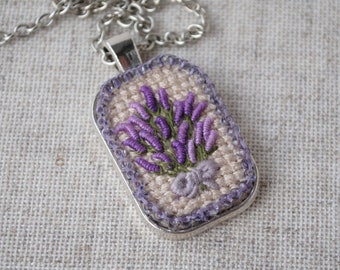 Lavender pendant Bouquet flower necklace Embroidered jewelry French embroidery pendant Cross stitch Dainty beaded pendant Unique gift women