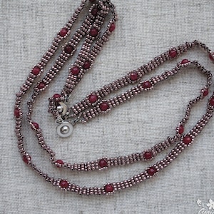 Burgundy Chalcedony Necklace Long Woven Beaded Chain Thin Stone jewelry Handcrafted OOAK