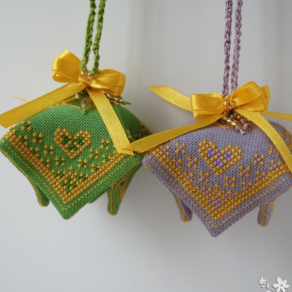 Folk art ornaments with Embroidered hearts Fabric Hanging bell Ukrainian Sound souvenir Handmade bells Hand cross stitch Unique small gift