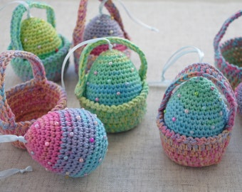 Crochet Easter egg & basket Hanging knit ornaments Multicolor decoration shaped egg Small stuffed ornaments Easter gift