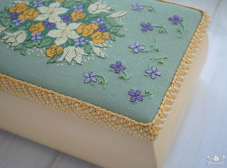 Wood jewelry box Floral bouquet embroidered box Yellow Lilies Etsy