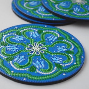 Round coasters Painted wood art Spring flower Bluebell Drink coasters New home gift Dot painting decor Unique tea coasters Mother Day gift image 5