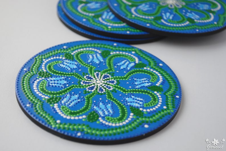 Round coasters Painted wood art Spring flower Bluebell Drink coasters New home gift Dot painting decor Unique tea coasters Mother Day gift image 5