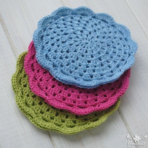 Crochet lace coasters set of 6 Сotton 3 color Delicate crocheted table decor Knitted small doilies