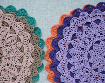 Round crochet doily Cottage table decor Knitted doilies Delicate lace Mom gift Beige Purple Orange Lavender crocheted napkins of Cotton yarn