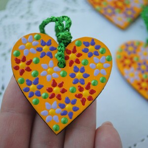 Wood Valentines Hanging dot ornaments Heart painted decor Dotted flowers ornament Floral hand painting Small Colored heart decoration hot yellow