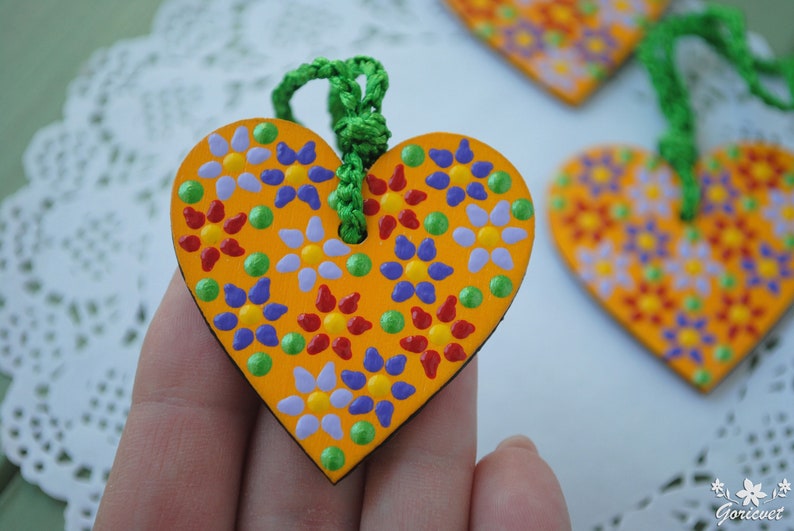 Wood Valentines Hanging dot ornaments Heart painted decor Dotted flowers ornament Floral hand painting Small Colored heart decoration hot yellow