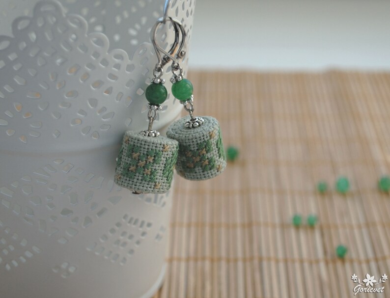 Textile dangle earrings Bead embroidery jewelry Boho jewelry Light green chalcedony earrings Gift for women Boho chic Embroidery earrings