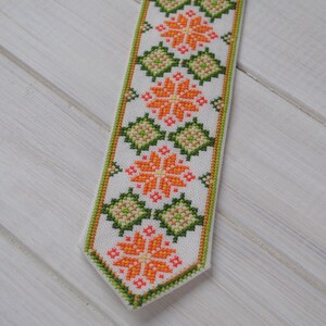 Embroidered tie Ukrainian gift Baby cotton necktie Orange green Hand cross stitch Ethnic boy clothes Ukraine folk art Unique pre tied tie image 7