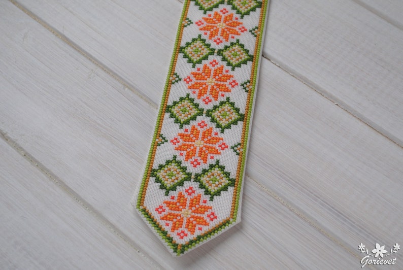 Embroidered tie Ukrainian gift Baby cotton necktie Orange green Hand cross stitch Ethnic boy clothes Ukraine folk art Unique pre tied tie image 7