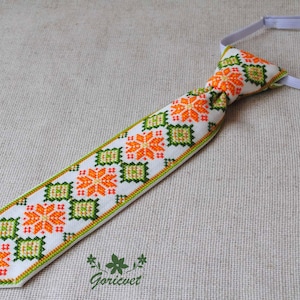 Embroidered tie Ukrainian gift Baby cotton necktie Orange green Hand cross stitch Ethnic boy clothes Ukraine folk art Unique pre tied tie image 9