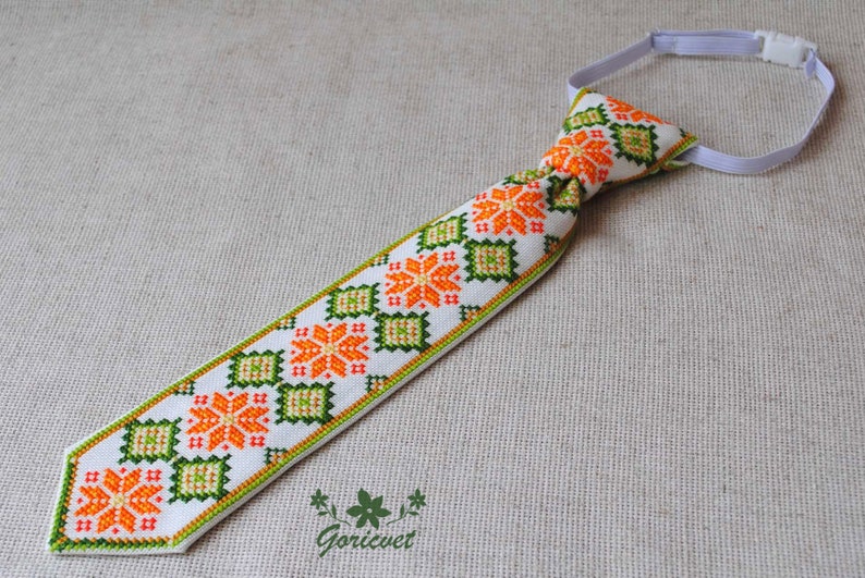 Embroidered tie Ukrainian gift Baby cotton necktie Orange green Hand cross stitch Ethnic boy clothes Ukraine folk art Unique pre tied tie image 9