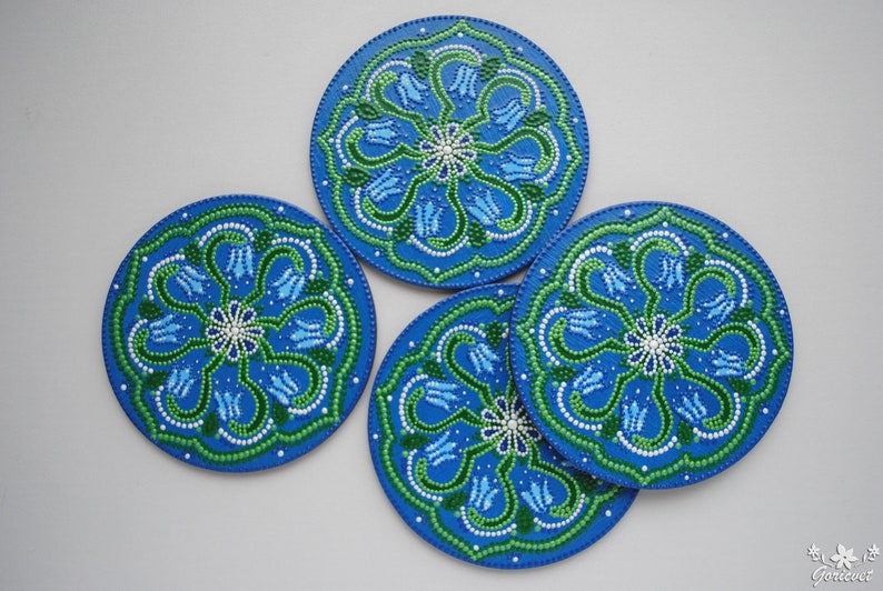 Round coasters Painted wood art Spring flower Bluebell Drink coasters New home gift Dot painting decor Unique tea coasters Mother Day gift image 6