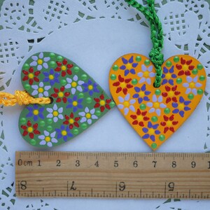 Wood Valentines Hanging dot ornaments Heart painted decor Dotted flowers ornament Floral hand painting Small Colored heart decoration image 6