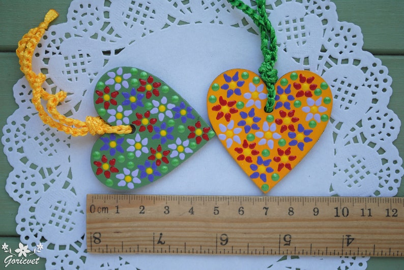 Wood Valentines Hanging dot ornaments Heart painted decor Dotted flowers ornament Floral hand painting Small Colored heart decoration image 6