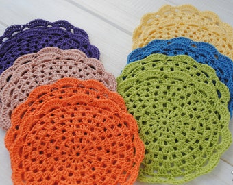 Multicolor set of 12 crochet lace coasters Boho crochet table set Knitted mug coasters Colorful Kitchen/Office crochet decor Gifts coworkers
