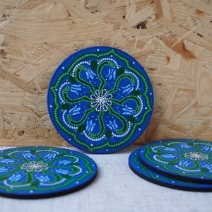 Round coasters Painted wood art Spring flower Bluebell Drink coasters New home gift Dot painting decor Unique tea coasters Mother Day gift image 2